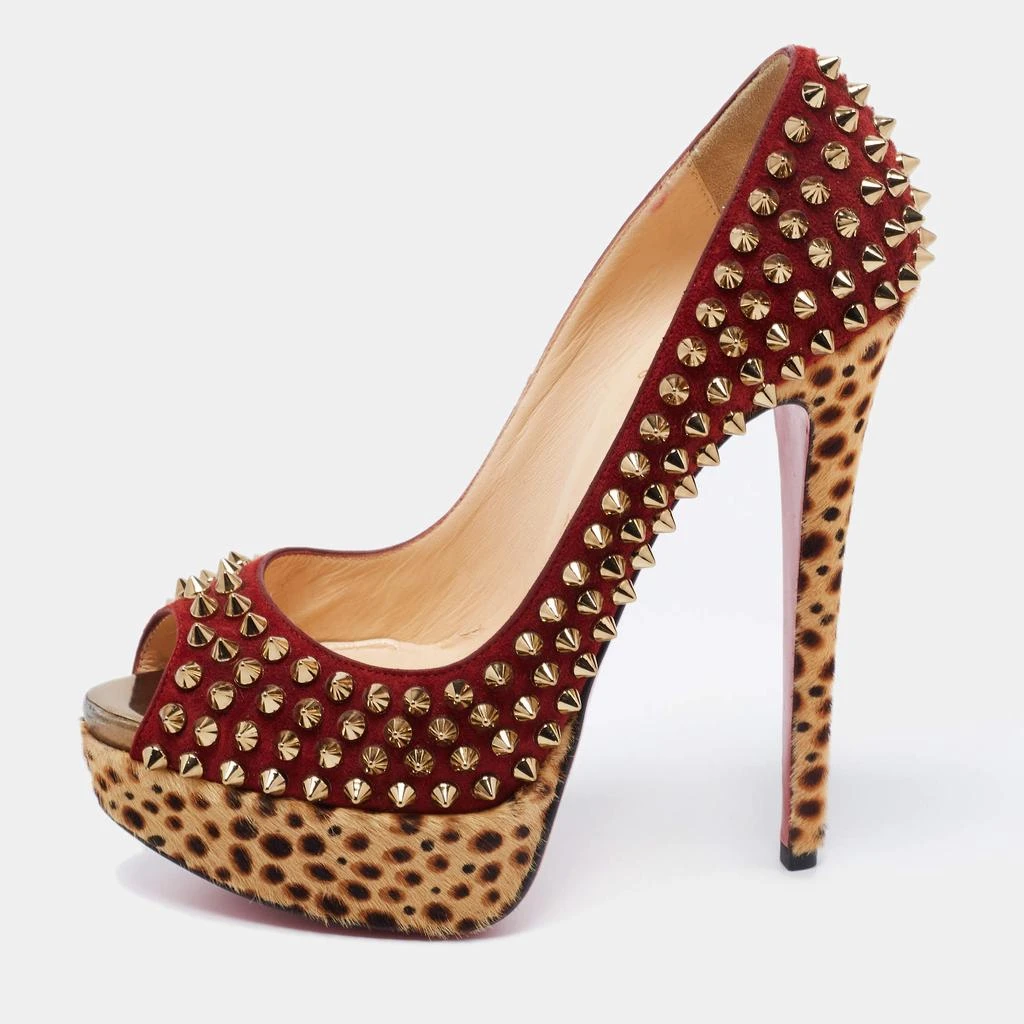 Christian Louboutin Christian Louboutin Beige/Maroon Leopard Print Calfhair and Suede Lady Peep Spikes Pumps Size 36 1