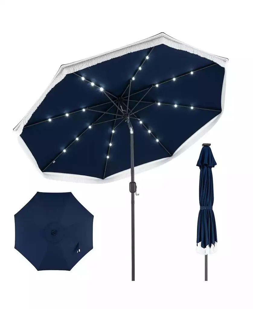 Gymax 9FT Solar Patio Umbrella w/24 LED Lights Fringe Push Button Tilt Crank Handle