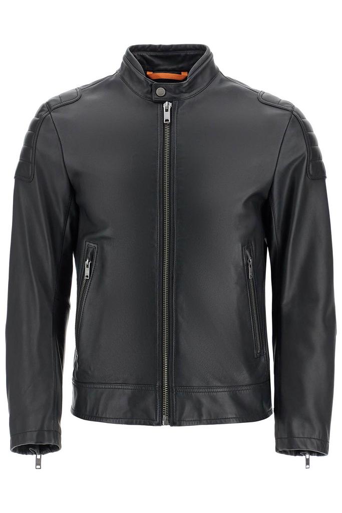 Hugo Boss black leather jacket with high collar and quilted details