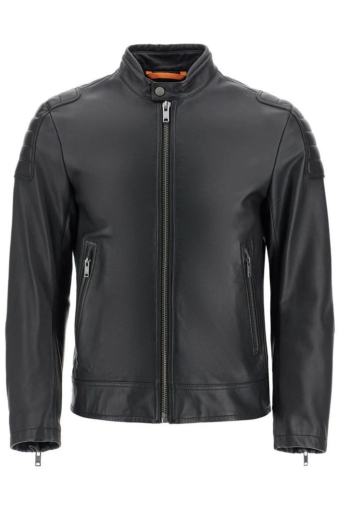 BOSS black leather jacket with high collar and quilted details 1