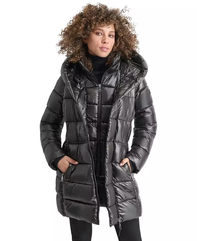 DKNY Women's Bibbed Shawl-Collar Packable Shine Puffer Coat 5