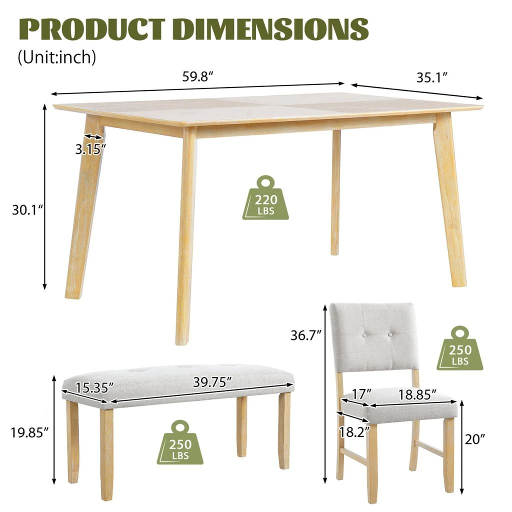 Streamdale Furniture Streamdale Rustic Farmhouse 6-Piece Dining Set with Upholstered Chairs 
Bench (Easy Assembly) 4