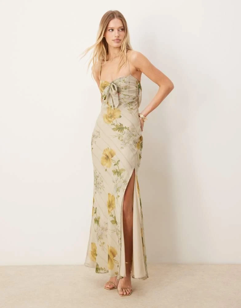 ASOS Design satin bust bow front chiffon maxi dress in yellow floral print-Multi