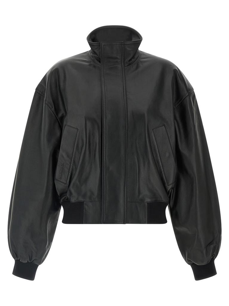 BLACK LEATHER OSTRICH-EFFECT BOMBER JACKET – On Sale Now