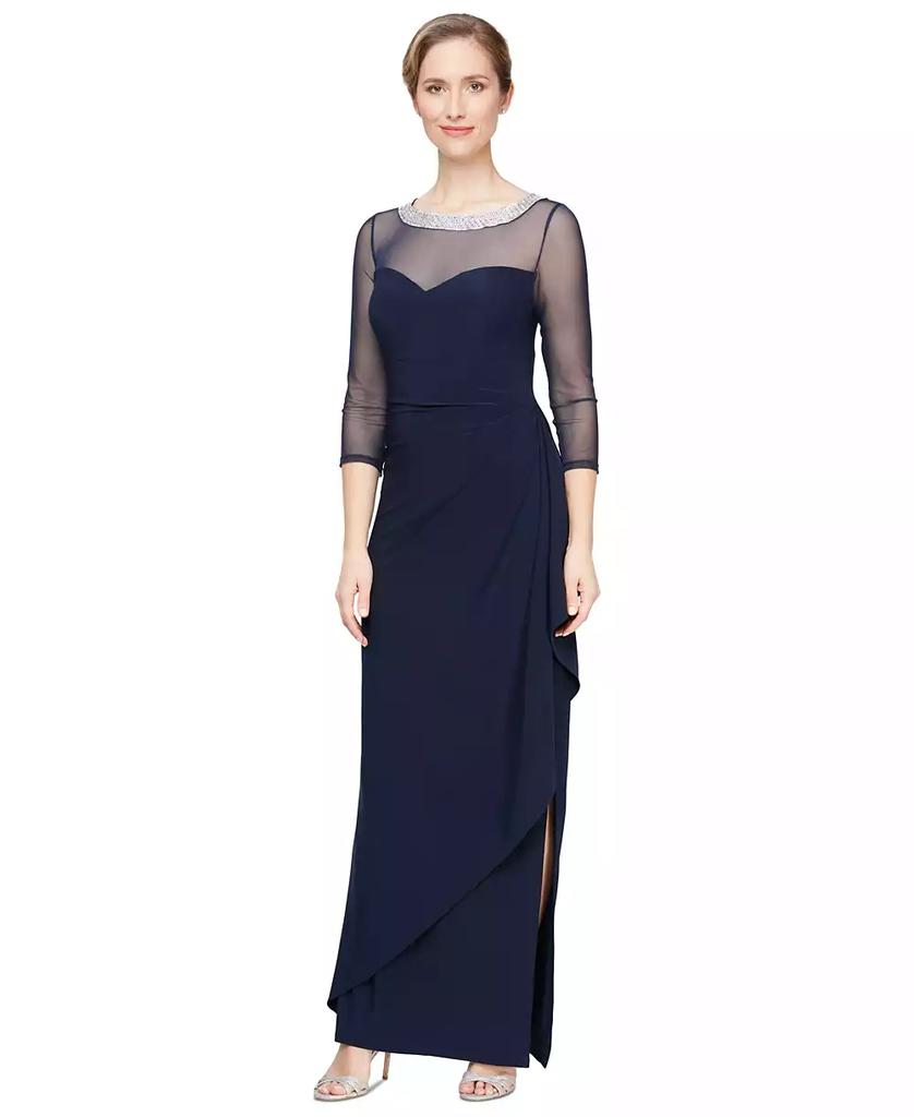 Alex Evenings Petite 3/4-Sleeve Illusion Ruffled Gown