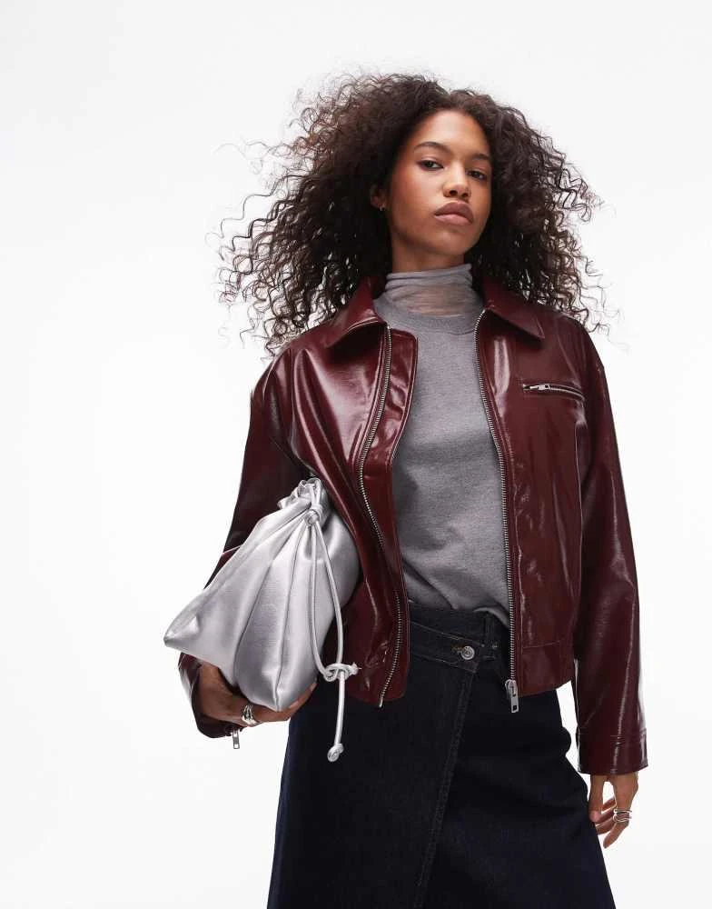 Topshop Topshop faux leather vinyl bomber jacket in burgundy 1