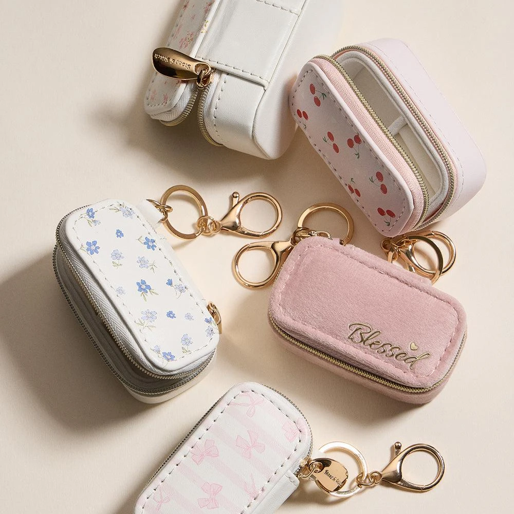 FASHNZFAB Cherry Pattern Printed Rectangular Travel Jewelry Case Keychain Bag Charm 6