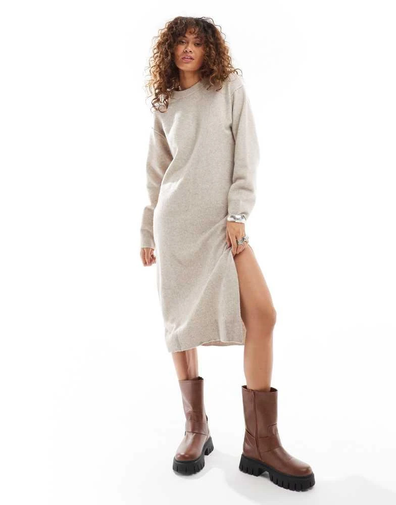 Weekday Weekday Funda wool blend knitted midaxi dress with side split in light beige melange exclusive to ASOS 1
