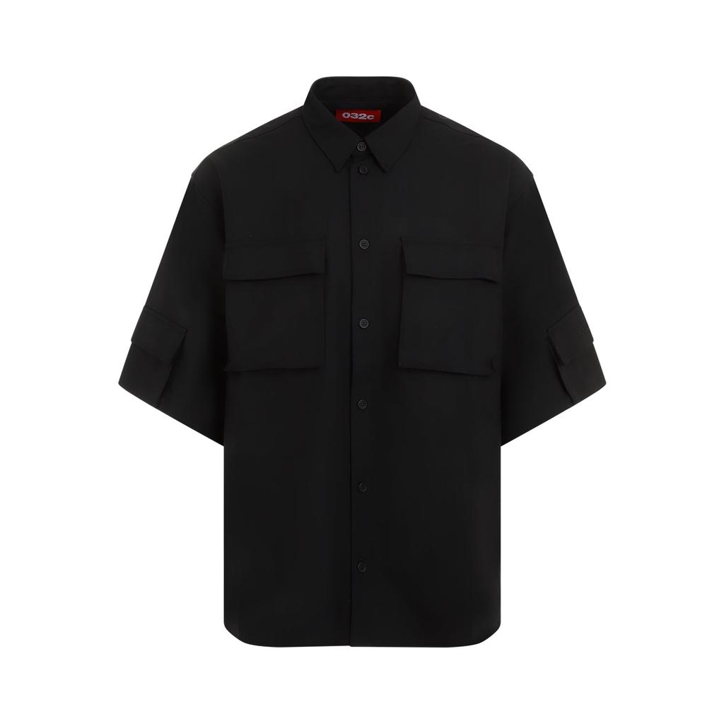 032C Black Tailored Flap Pocket Wool Shirt