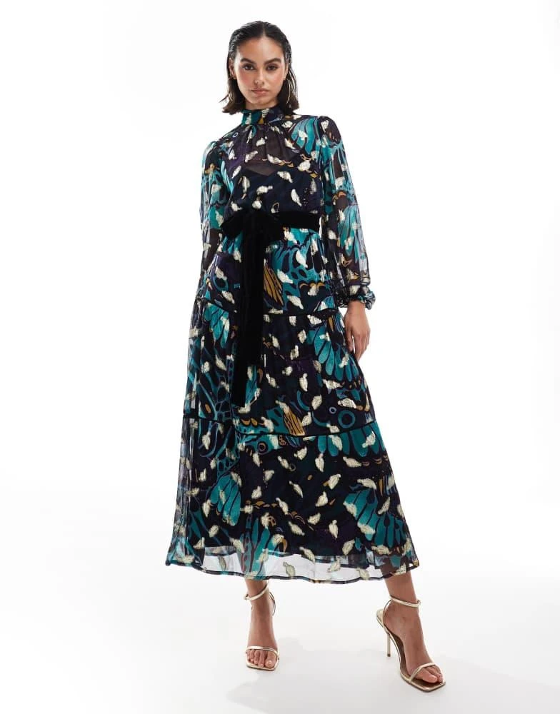 Hope & Ivy Hope & Ivy premium printed maxi dress with velvet belt and gold fleck in teal 1