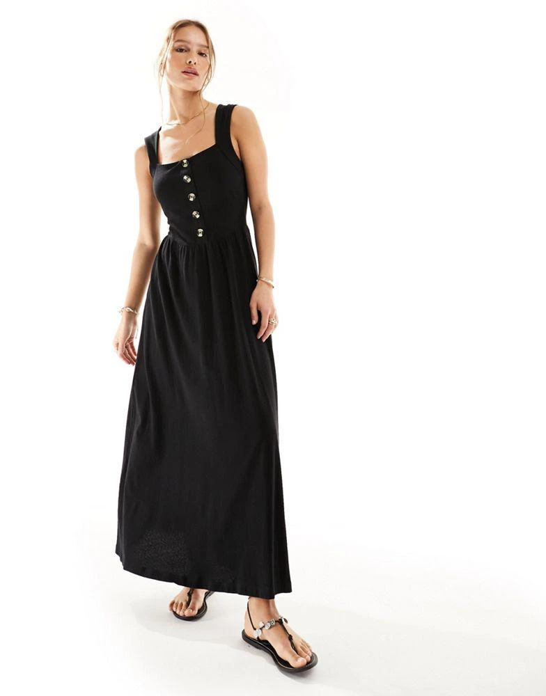 ASOS ASOS DESIGN square neck midi sundress with button detail in black 4