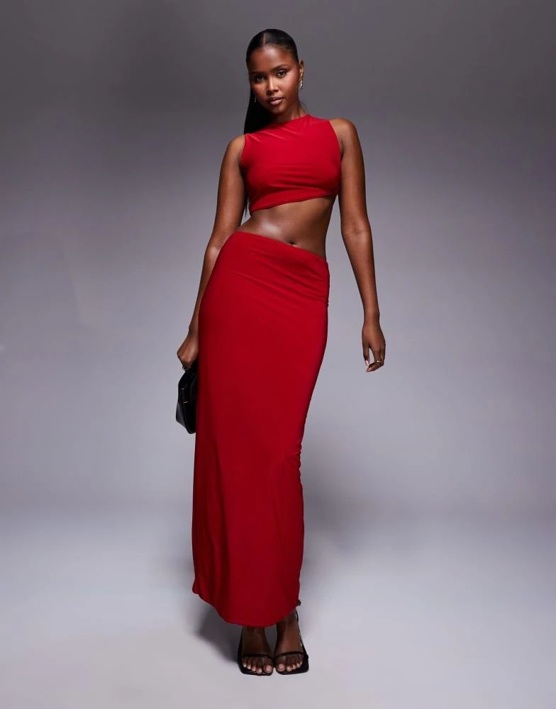 Missyempire Missyempire double layered slinky high waisted maxi skirt co-ord in red 1