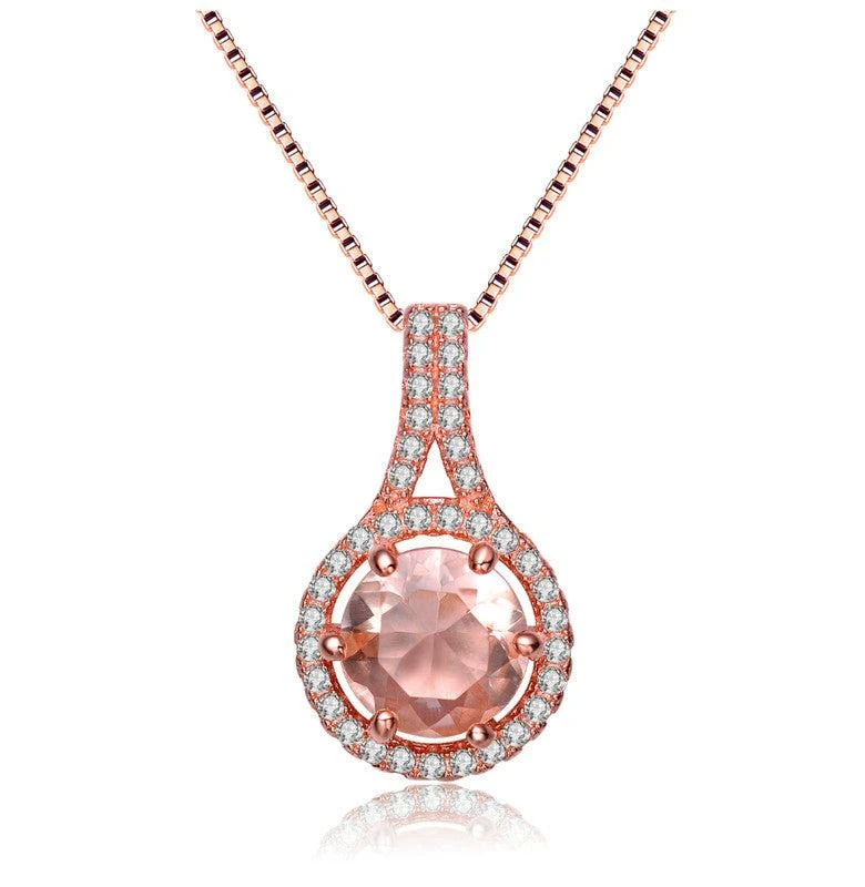 Genevive Sterling Silver 18K Rose Gold Plated with Champagne Cubic Zirconia Pendant Necklace