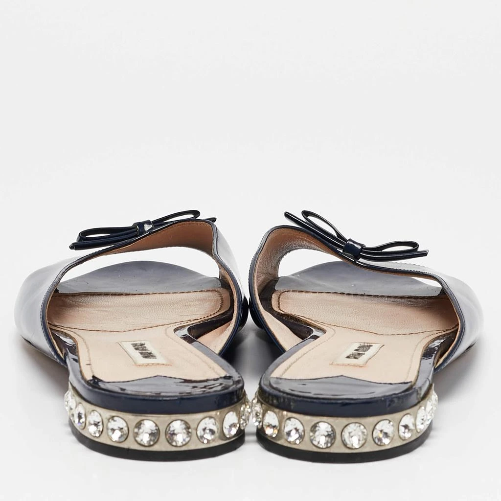 Miu Miu Miu Miu Blue Patent Leather Crystal Embellished Bow Flat Slides Size 38.5 5