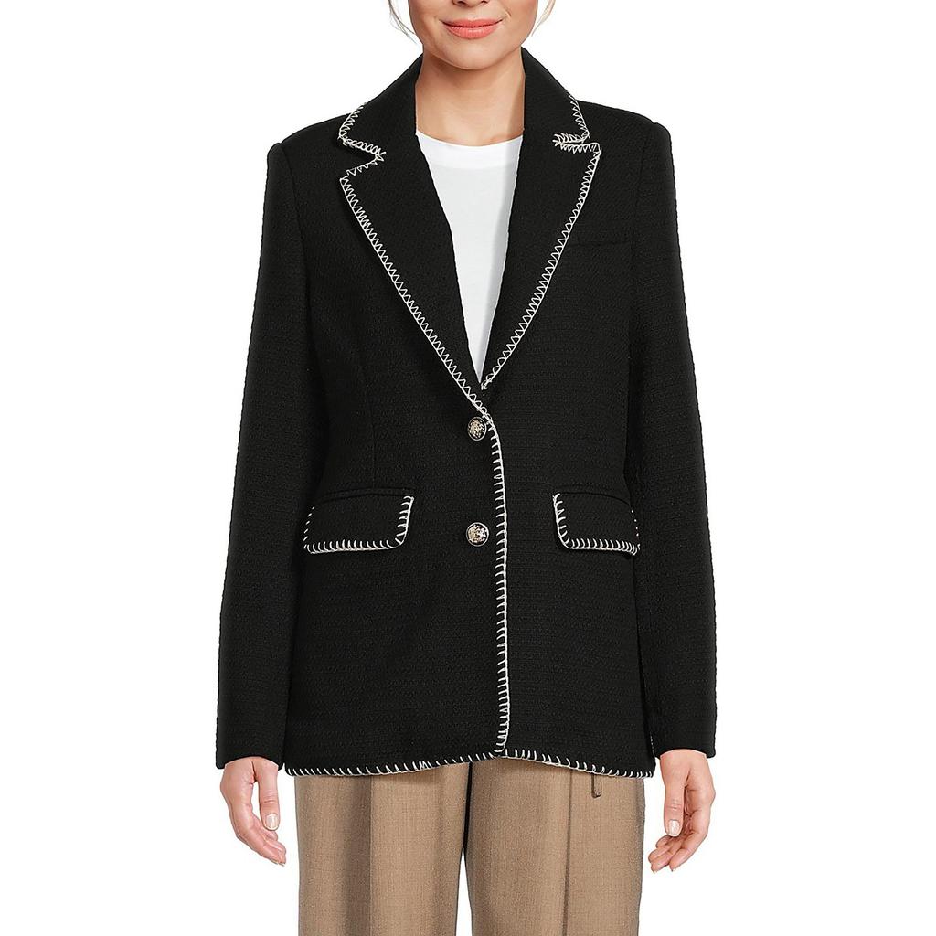 Avec Les Filles Womens Tweed Contrast Stitch Two-Button Blazer