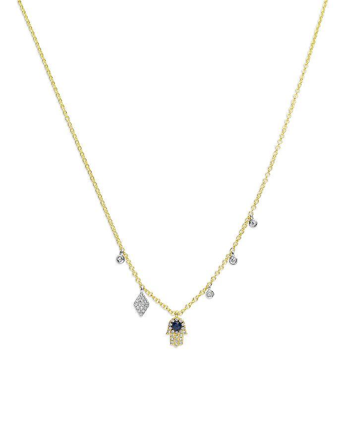 Meira T 14K White & Yellow Gold Blue Sapphire & Diamond Dangle Hamsa Hand Pendant Necklace, 18-20"