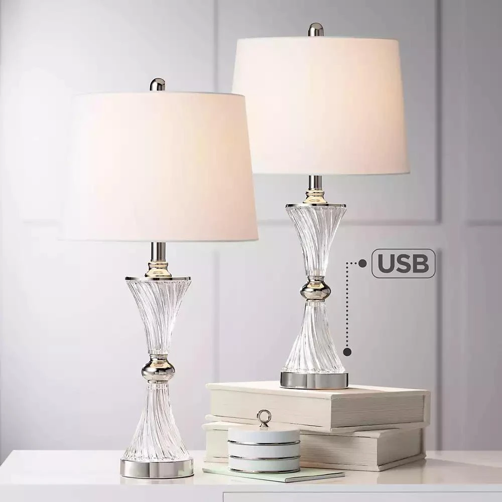 Regency Hill Luca Modern Table Lamps 25 1/2" High Set of 2 Twisted Glass with USB Charging Port White Drum Shade for Bedroom Living Room Office Desk 6