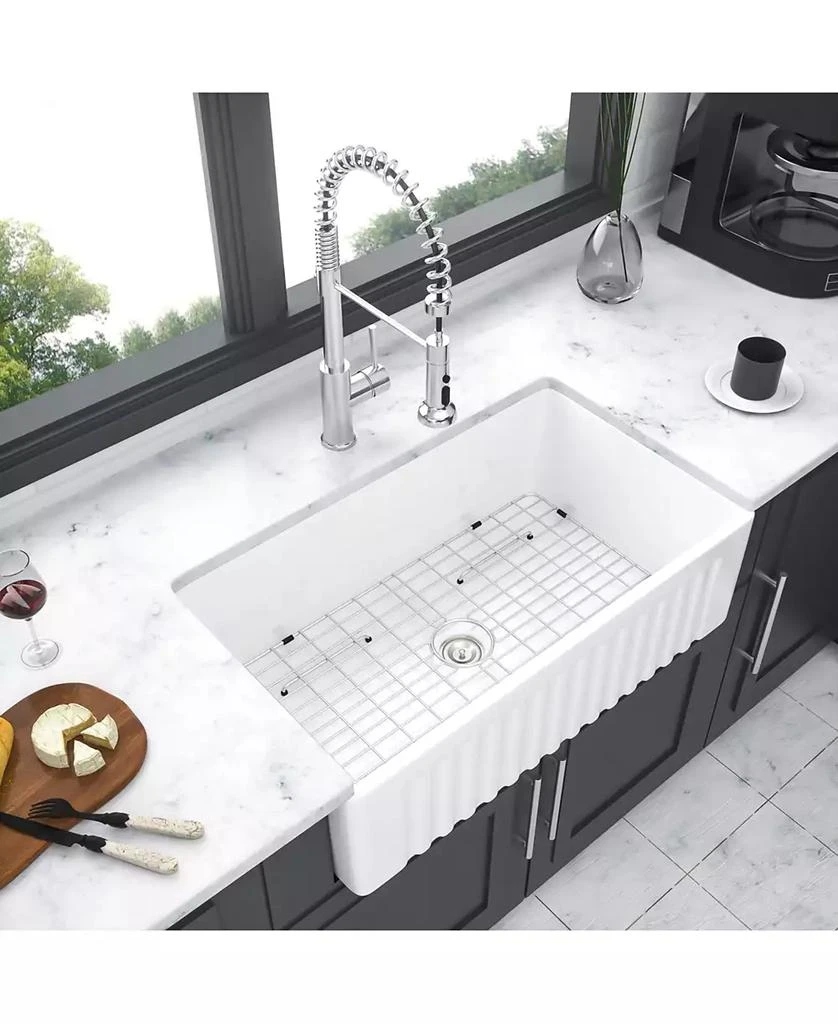 Flynama 30x18x10inch White Farmhouse Sink Apron Front Porcelain Ceramic Reversible Single Bowl