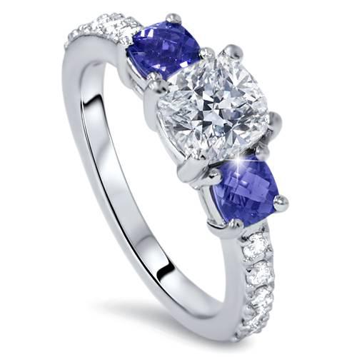 Pompeii3 3.25ct Cushion Diamond & Treated Blue Sapphire Engagement Ring 14k Enhanced