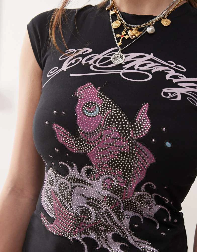 Ed Hardy Ed Hardy koi fish diamante cap sleeve t-shirt in black 2