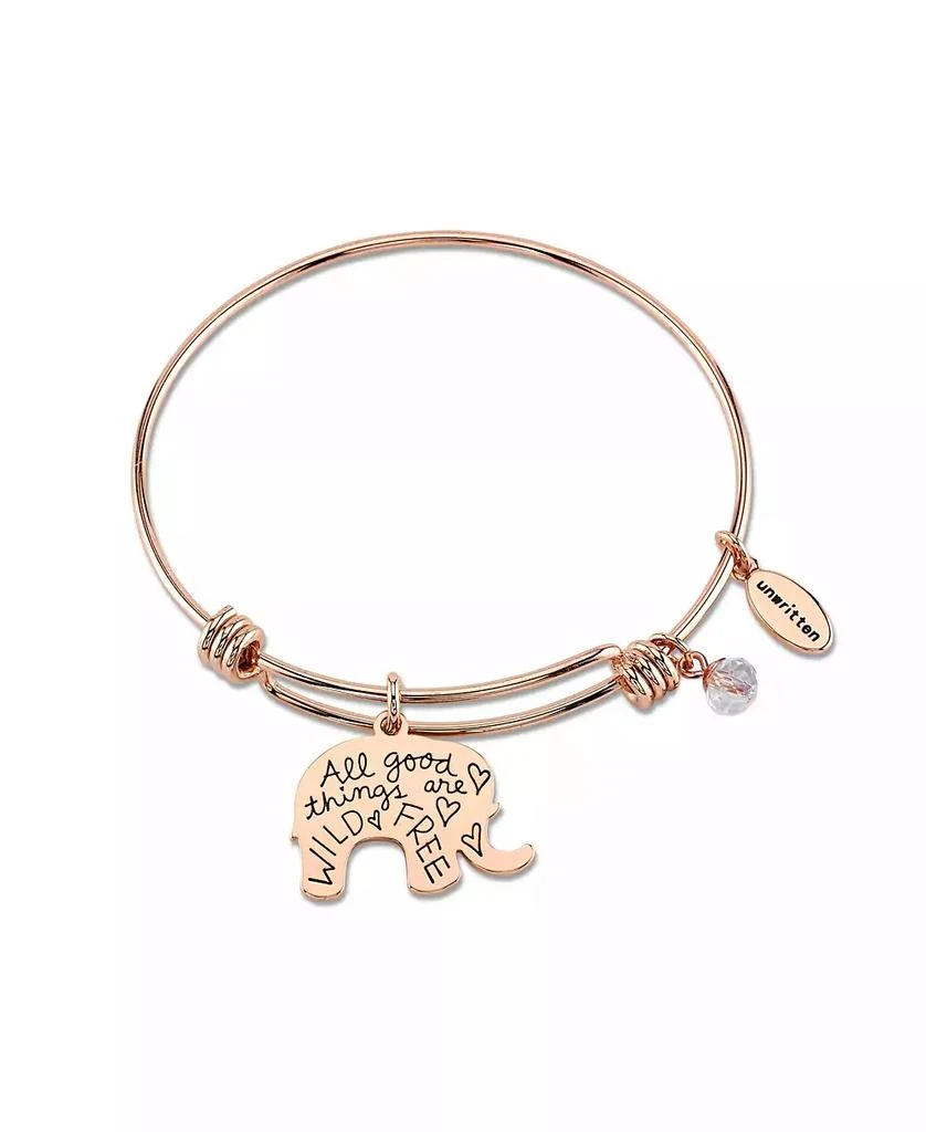 Unwritten "All Good Things are Wild and Free" Elephant Charm Adjustable Bangle Bracelet in Rose Gold-Tone Stainless Steel with Silver Plated Charms 2