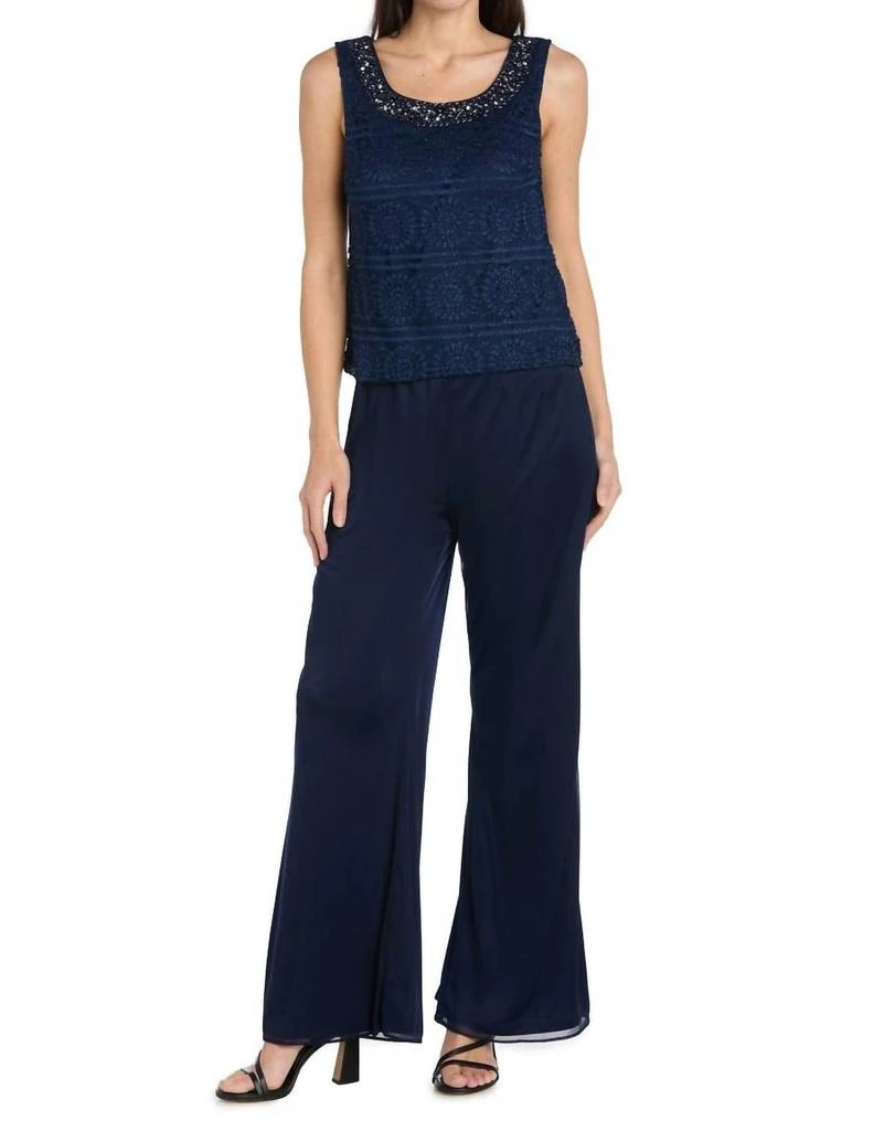 R&M Richards Glitter Embroidered Pant Suit With Pearl Neckline In Navy 4