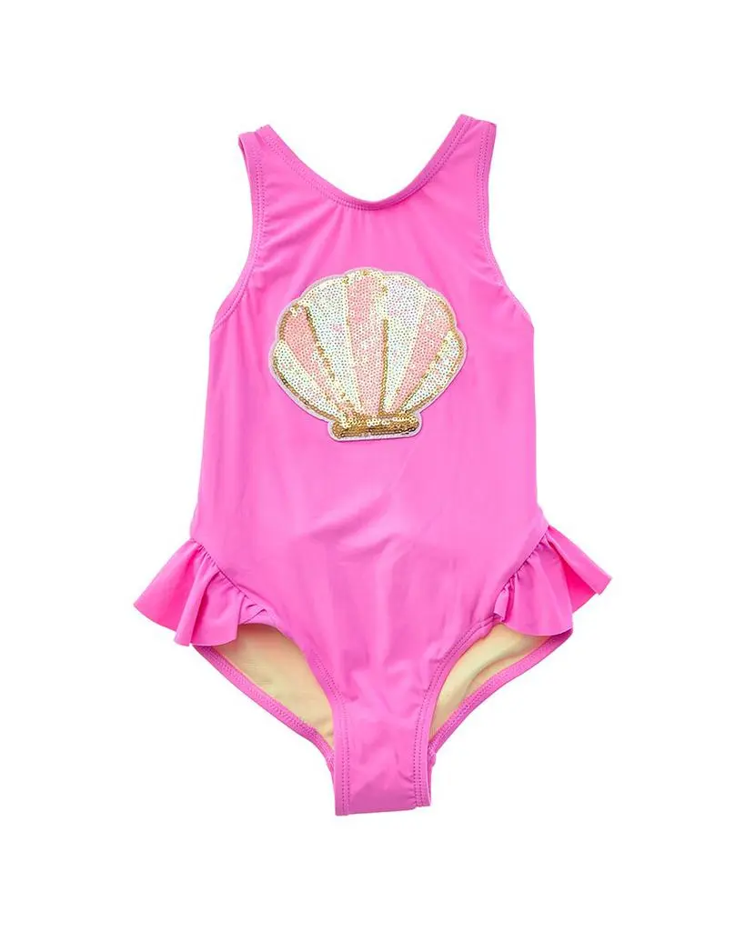 Beach Lingo Shell Sequin Patch Wrap Around Ruffle One-Piece