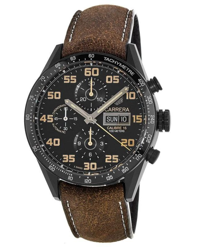 TAG Heuer Tag Heuer Carrera Calibre 16 Chronograph Day Date Black PVD Titanium Case Leather Strap Men's Watch CV2A84.FC6394 1