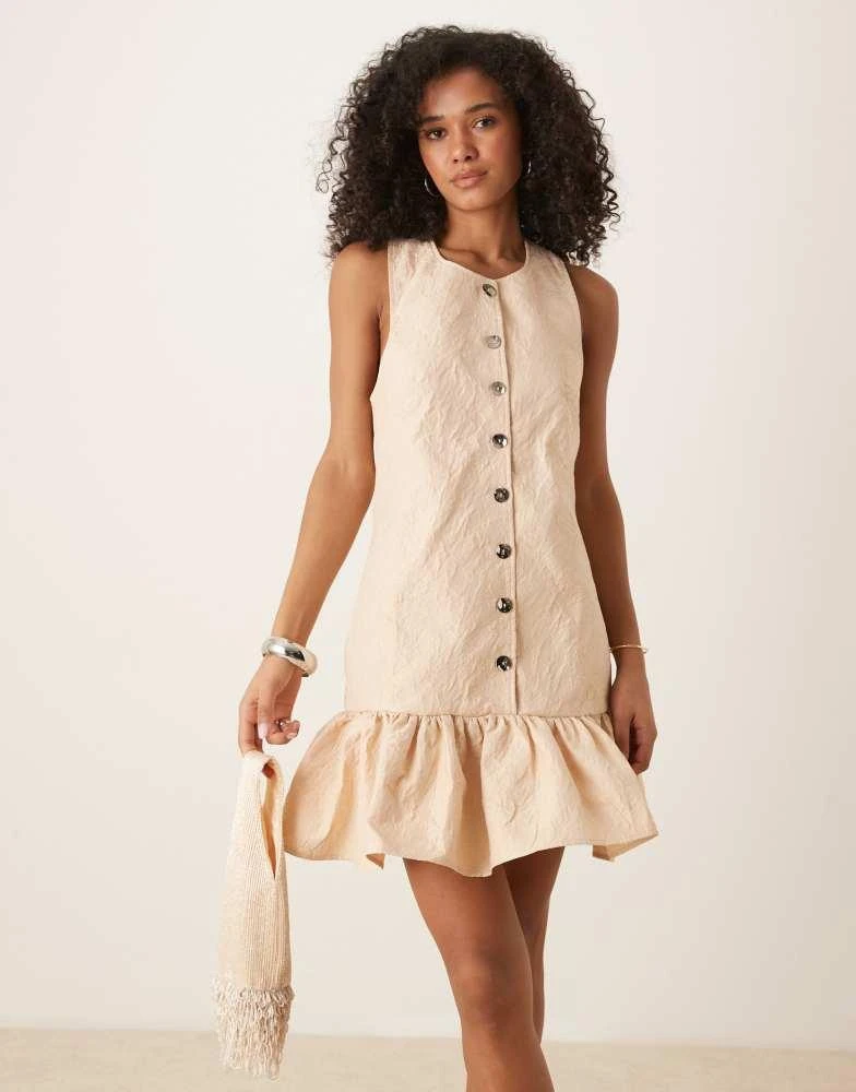 Ghospell Ghospell ruffle hem jacquard mini dress in taupe 1