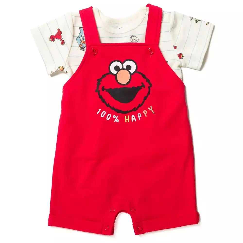 Sesame Street Baby Boys Elmo French Terry Short Overalls T-Shirt and Hat 3 Piece Outfit Set Newborn to 6