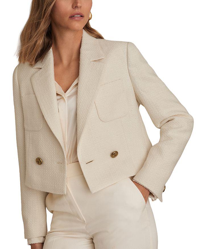 REISS Mia Cropped Double Breasted Textured Blazer White