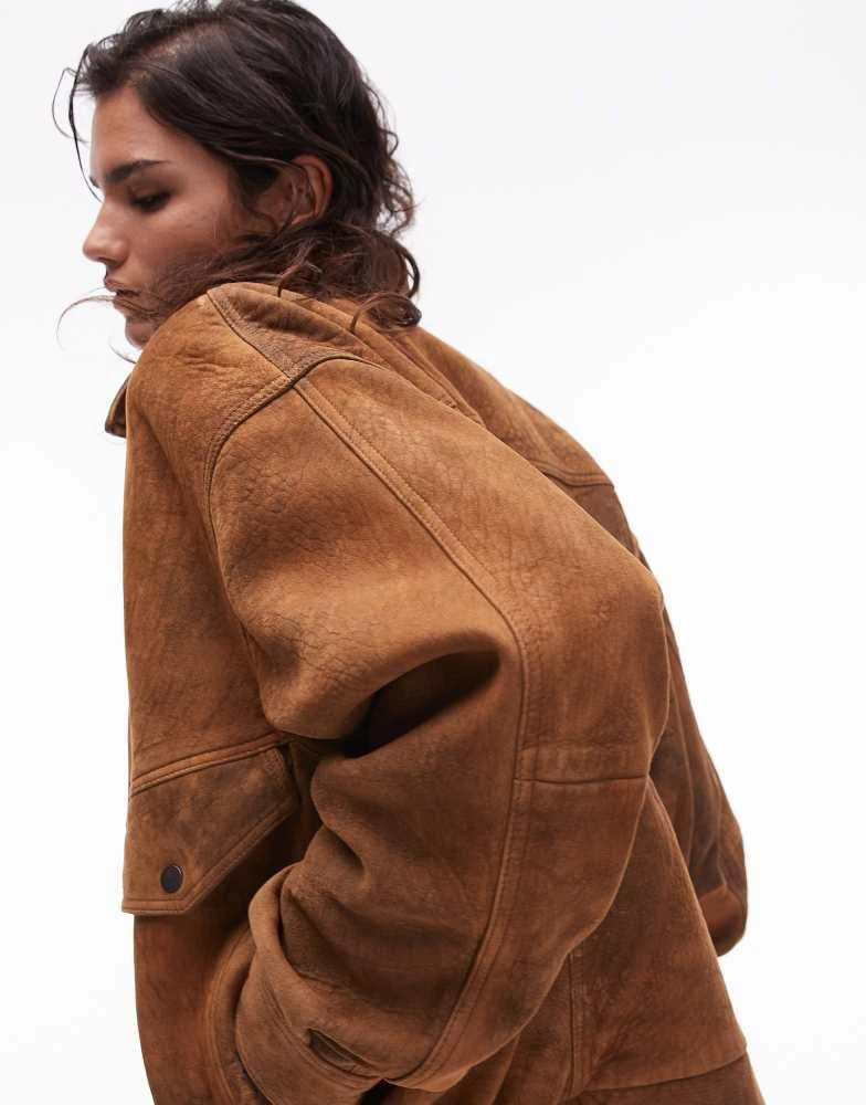 Topshop Topshop premium real suede oversized bomber jacket in tan 3