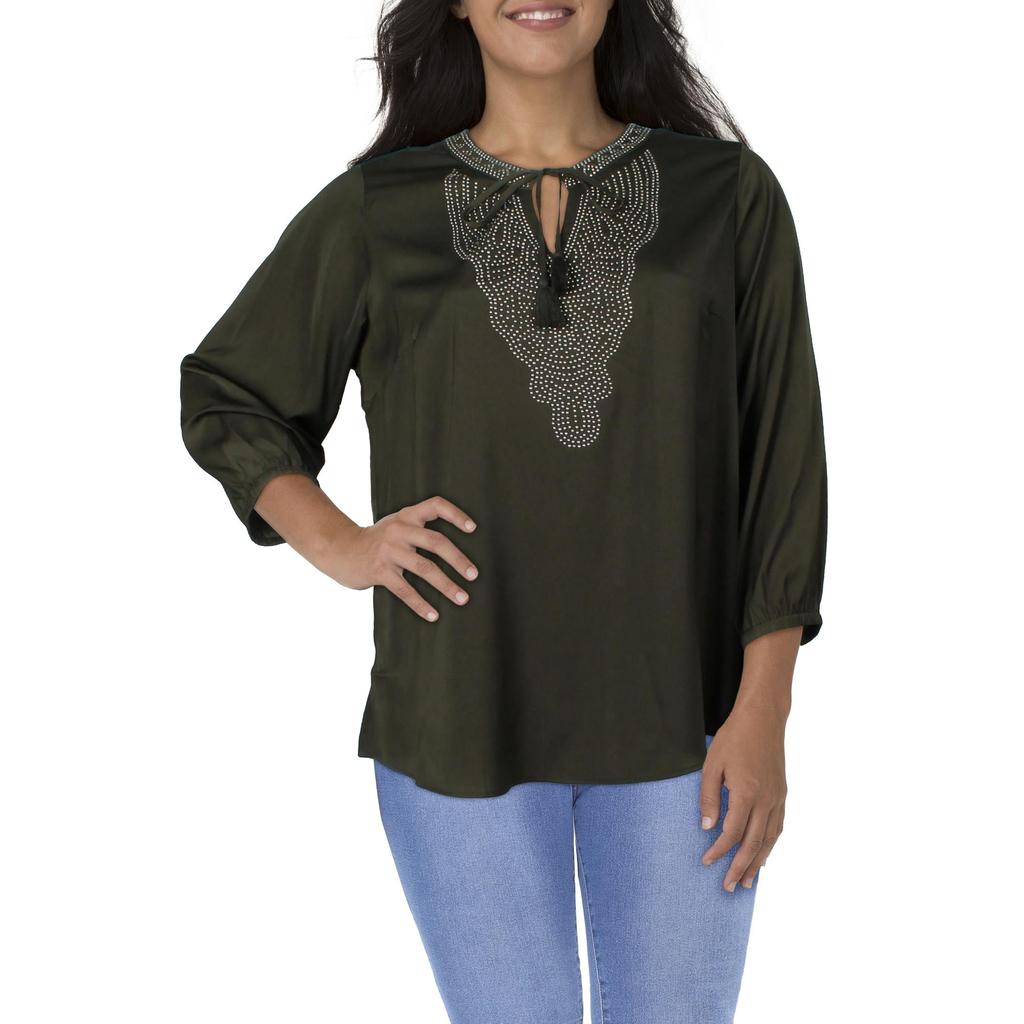 City Chic Plus Womens Embellished Front Tie Blouse