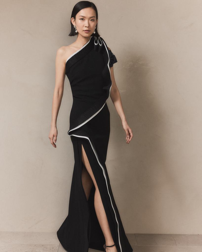RACHEL GILBERT Wilder Two-Tone Ruffle One-Shoulder Slit Gown