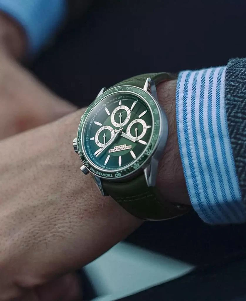 Raymond Weil Men
s Swiss Automatic Chronograph Freelancer Green Leather Strap Watch 43.5mm 5