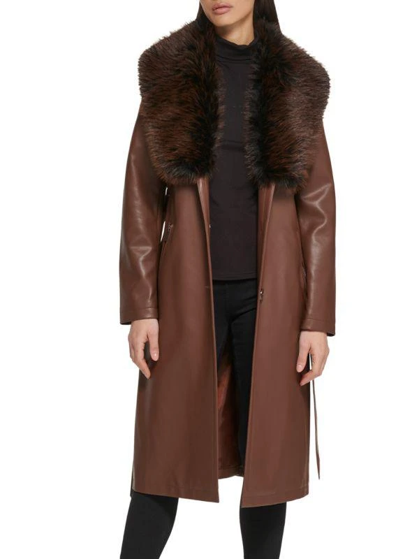 Kenneth Cole Faux Leather & Faux Fur Belted Trench Coat 3