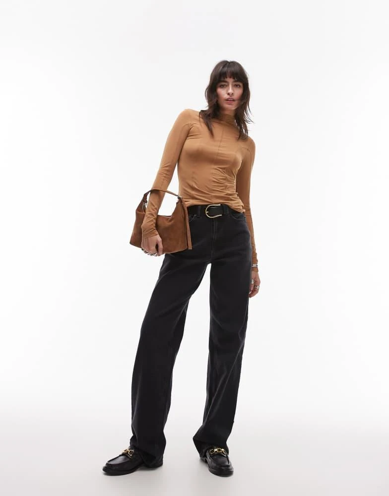 & Other Stories & Other Stories semi sheer jersey top with  mock neck and seam detail in light brown 3