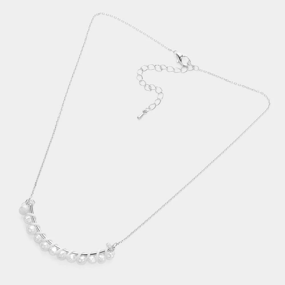 FASHNZFAB Pearl Wrapped Curved Metal Necklace 2