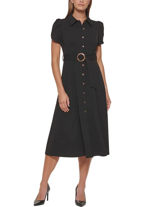 Calvin Klein Klein Womens Short Sleeve Collar Neck Belted Midi Fit And Flare Dress 1