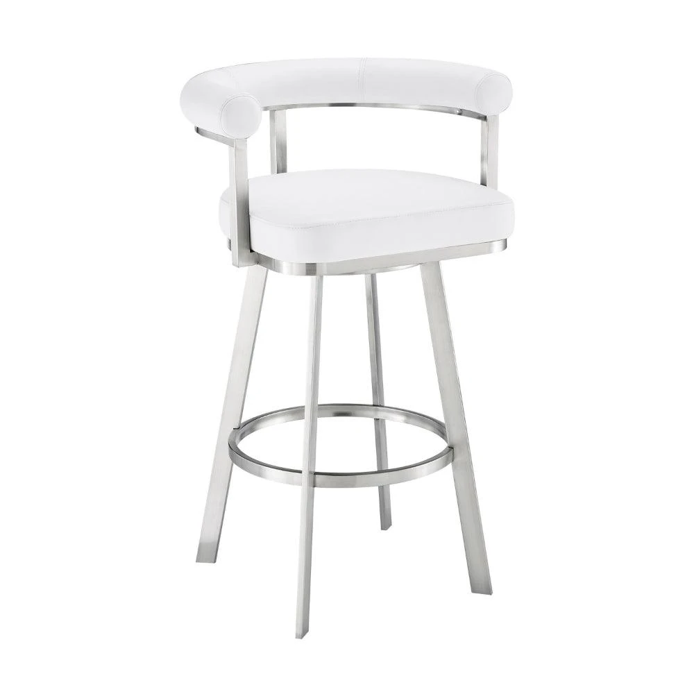 Hivvago Weni 26 Inch Swivel Counter Stool Chair, Barrel Open Back, White, Steel