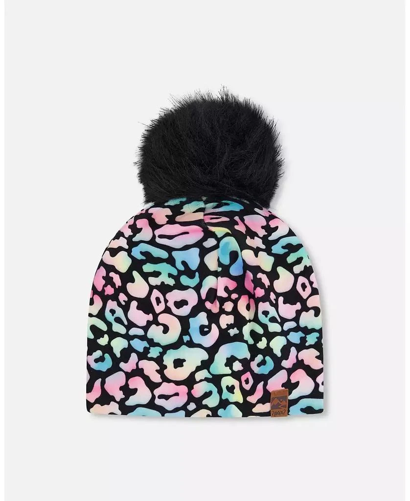 Deux par Deux Girl Stretch Jersey Hat Black Animal Print with Pompom - Toddler|Child