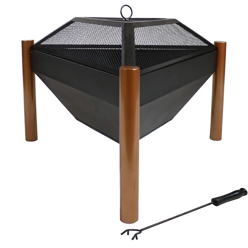 Sunnydaze Outdoor Camping or Backyard Steel Triangle Fire Pit with Wood Grate, Log Poker, and Spark Screen - 31" - Copper Finish 1