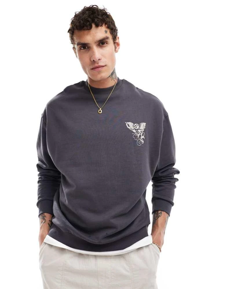 ASOS ASOS DESIGN oversized sweatshirt with cherub print in charcoal grey 2