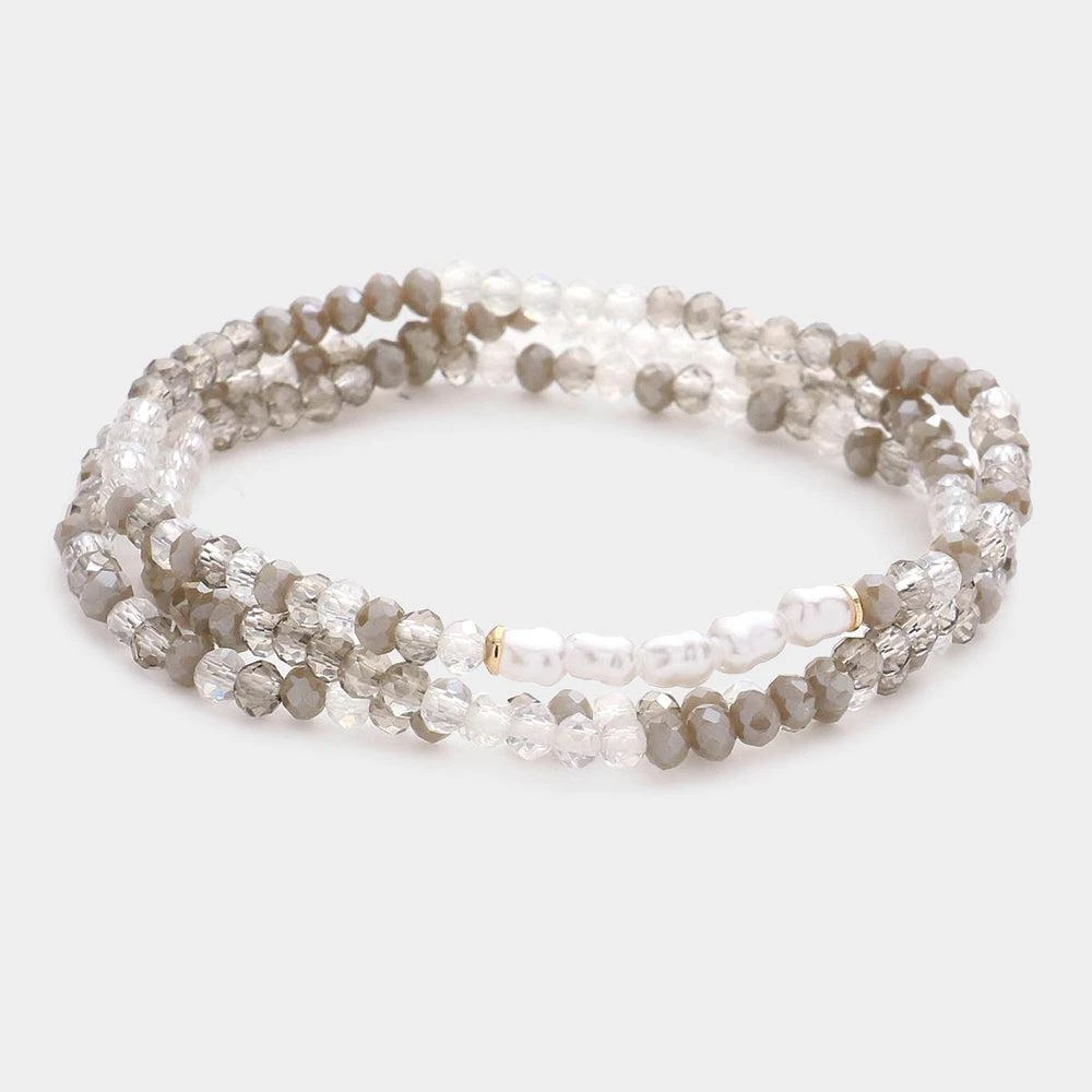 FASHNZFAB 3PCS - Pearl Faceted Beaded Stretch Bracelets Gray