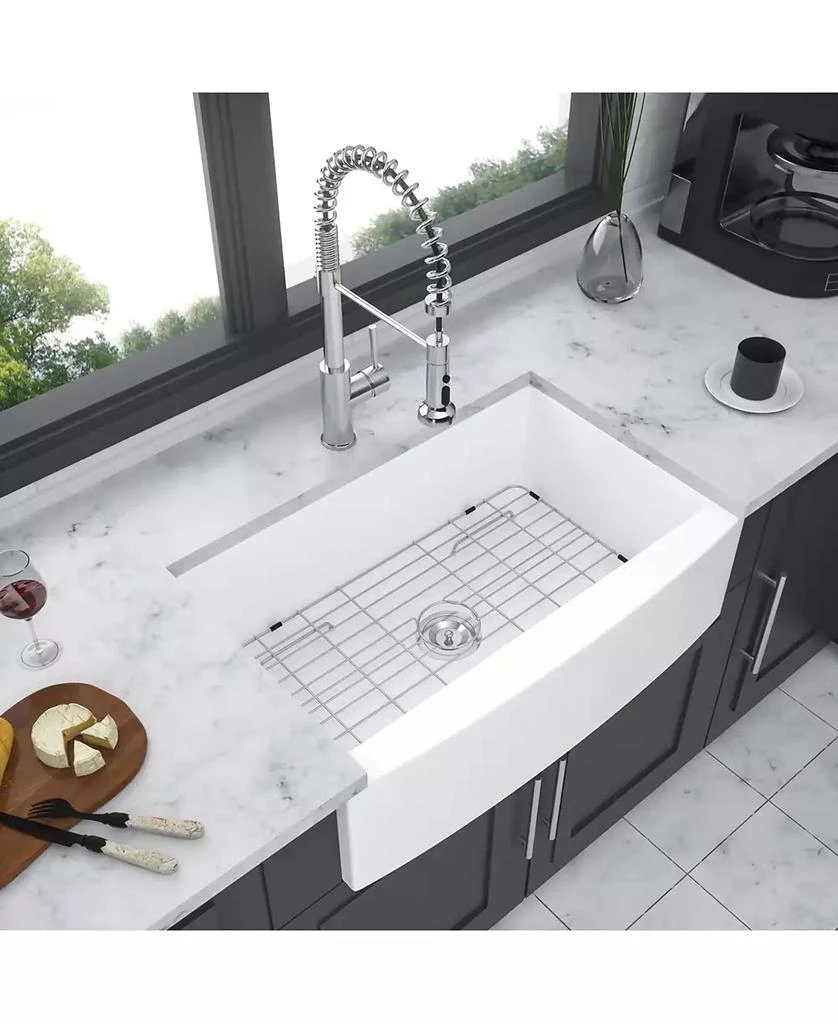 Flynama 30x21x10 Inch White Farmhouse Kitchen Sink Ceramic Porcelain Arch Edge Apron Front Single Bowl With Drain Assembly Dish Grid