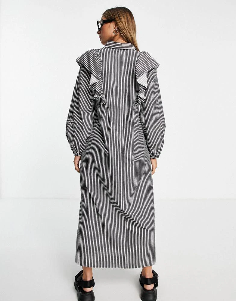 Topshop Topshop poplin frill bib oversized midi shirt dress in navy and white stripe 2