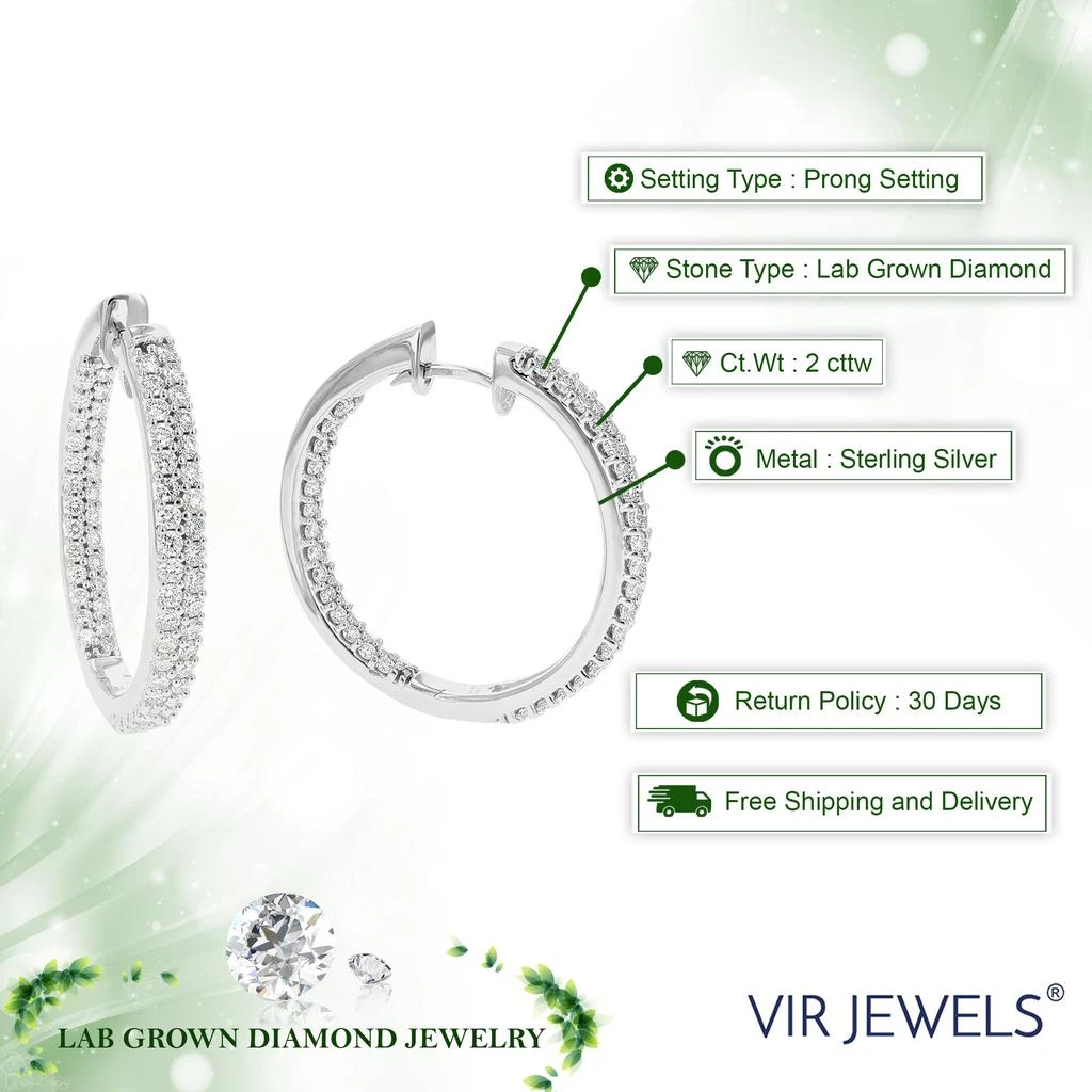 Vir Jewels 2 cttw Round Cut Lab Grown Diamond Hoop Earrings in .925 Sterling Silver Prong Set 1 Inch 3