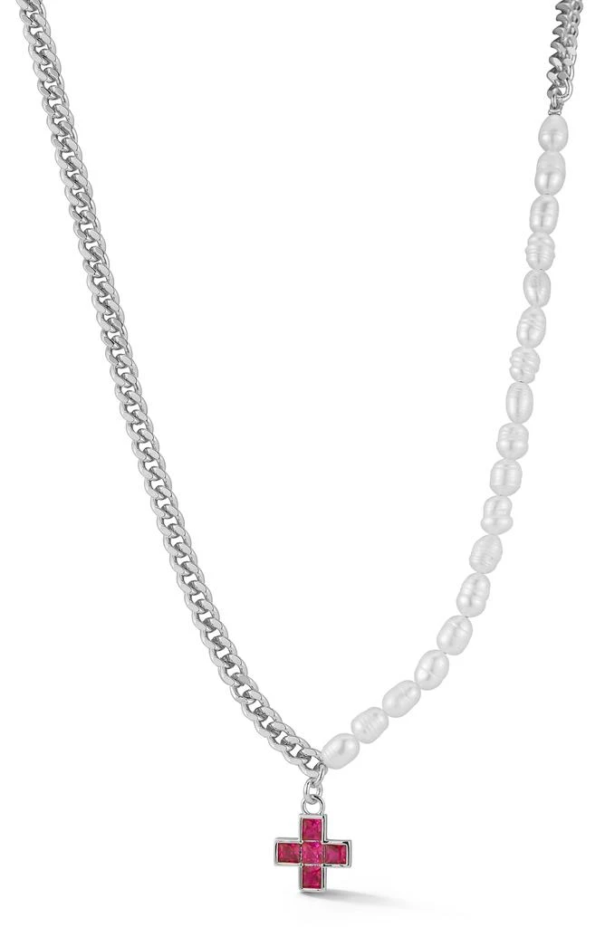 Sphera Milano 5.5mm Cultured Freshwater Pearl & Curb Chain CZ Cross Pendant Necklace 1