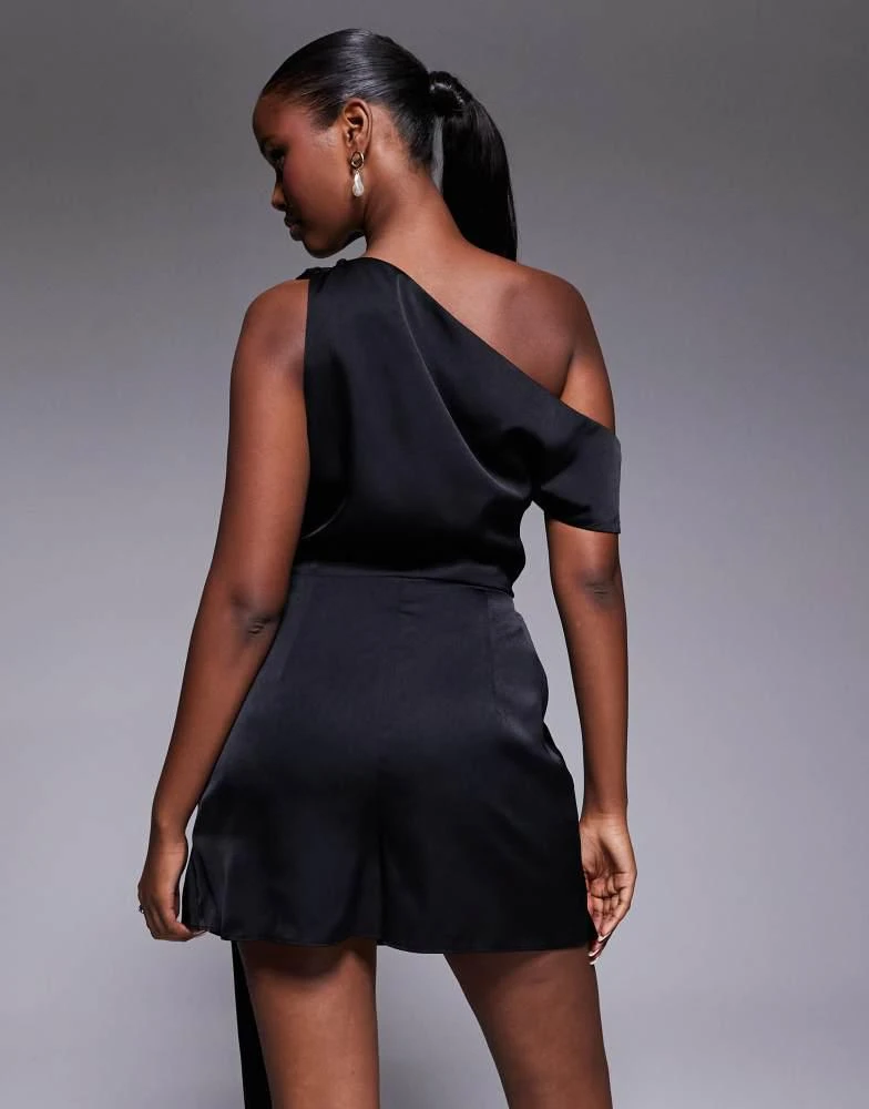 ASOS ASOS DESIGN satin scarf detail fallen shoulder playsuit in black 4