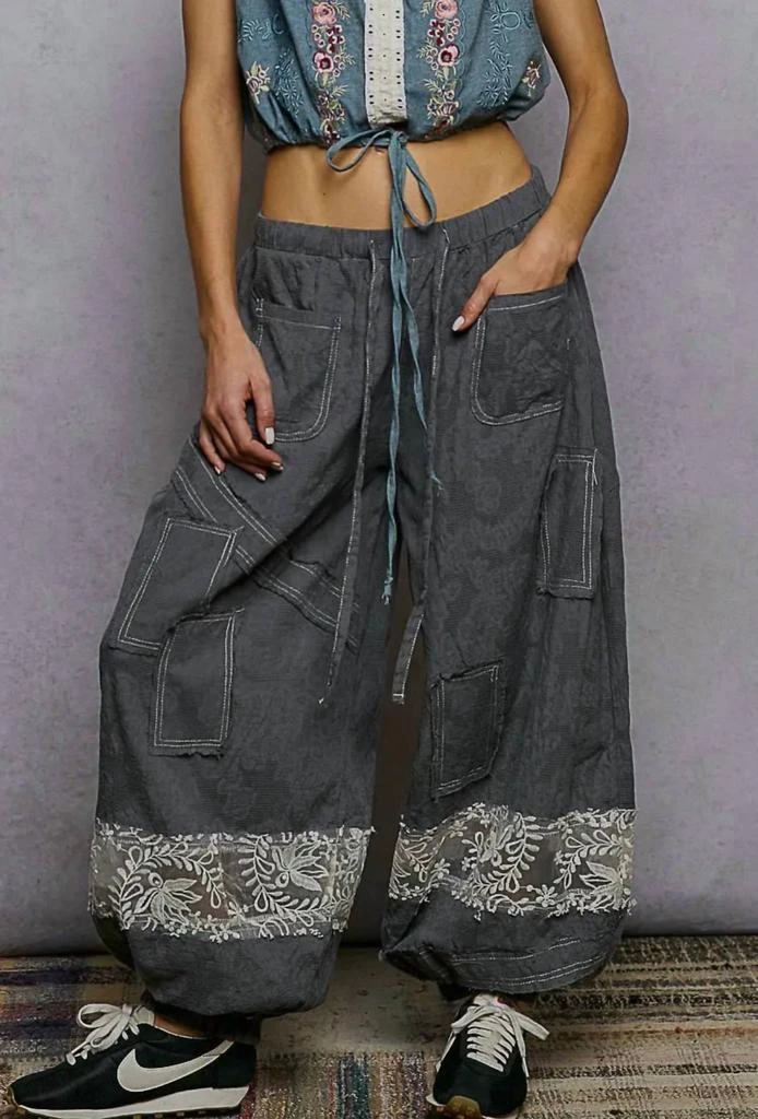 POL Double Gauze Lace Patch Joggers In Denim Blue Grey